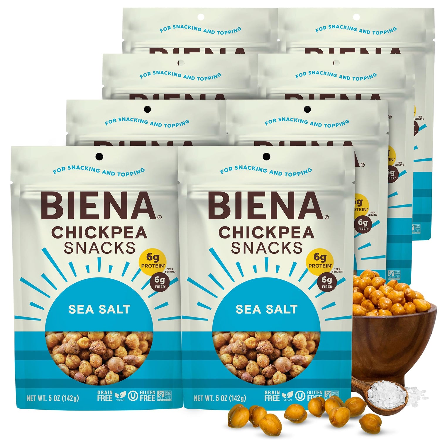 BIENA Chickpea Snacks Sea Salt front view shows light crunch and bag-ready convenience.