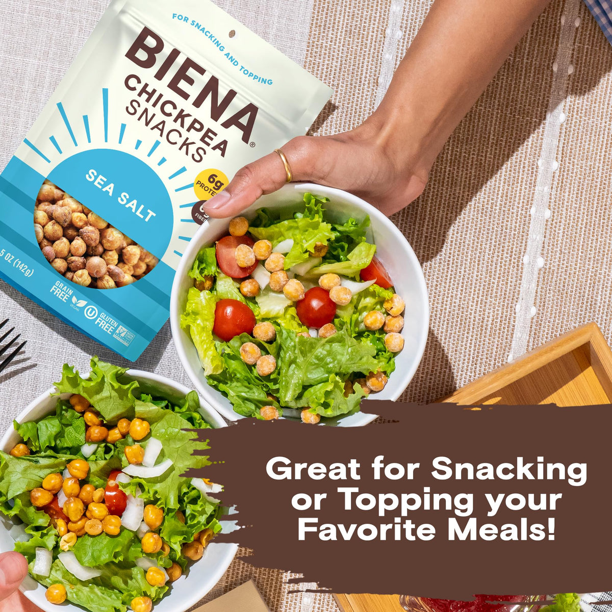 BIENA Chickpea Snacks Sea Salt ingredient list close-up, gluten-free and non-GMO.