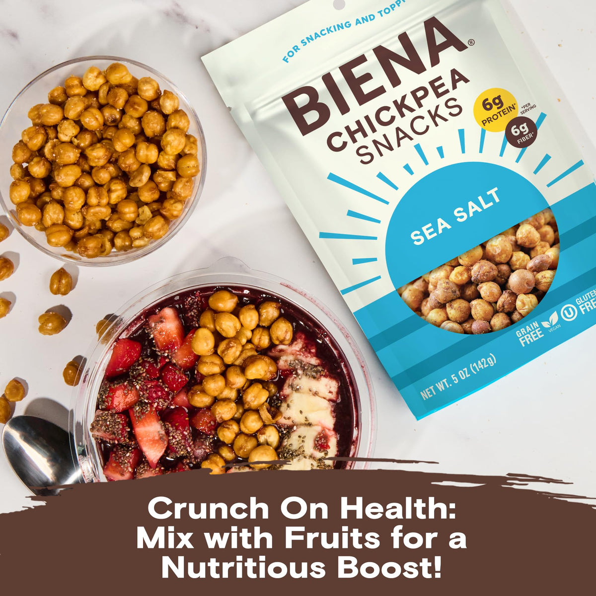 BIENA Chickpea Snacks Sea Salt packaging design, compact eight-pack for busy days.