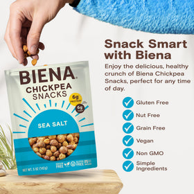 BIENA Chickpea Snacks Sea Salt USA-made packaging with real ingredients.