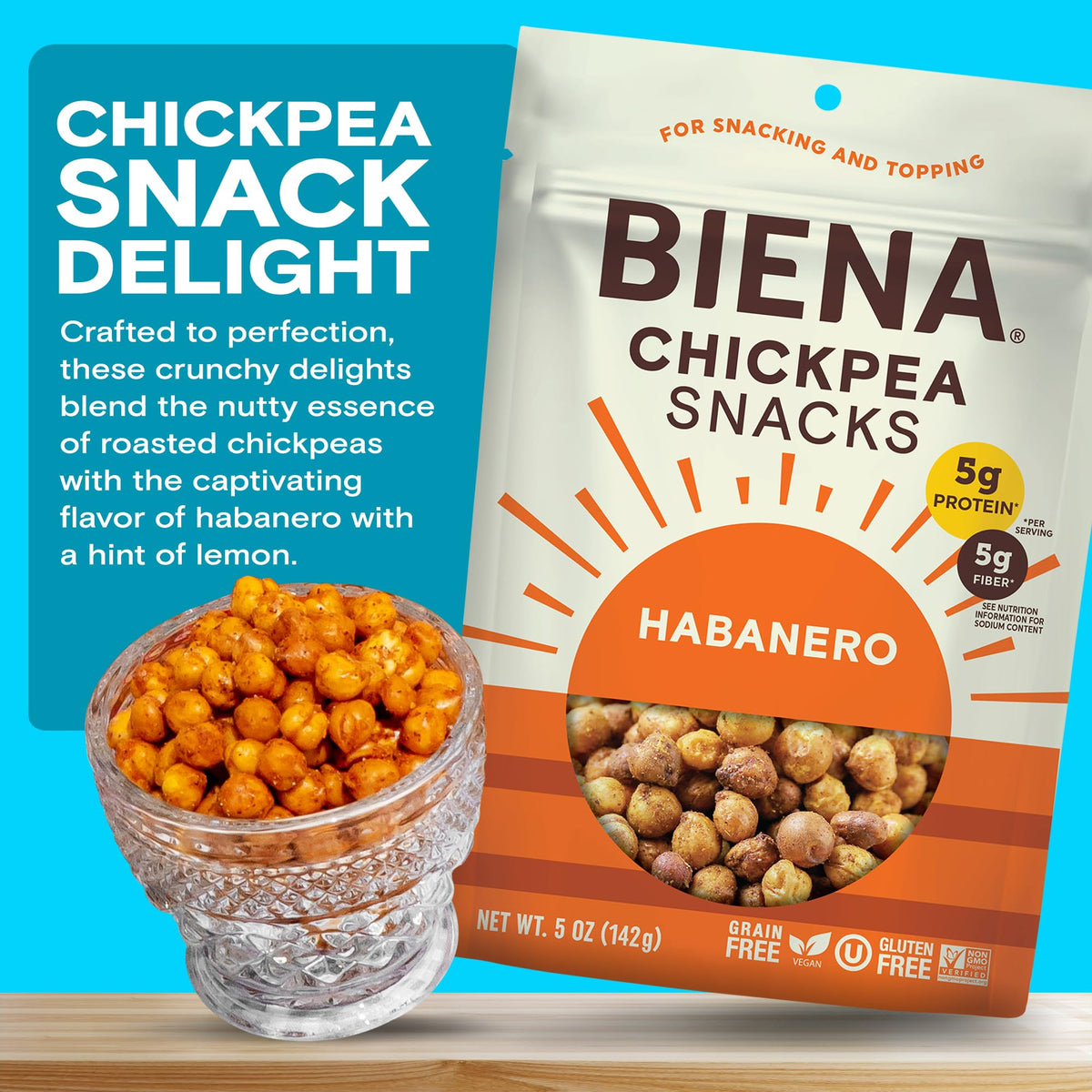 BIENA 4-pack display of habanero chickpeas for convenient snacking.