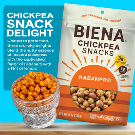 BIENA 4-pack display of habanero chickpeas for convenient snacking.