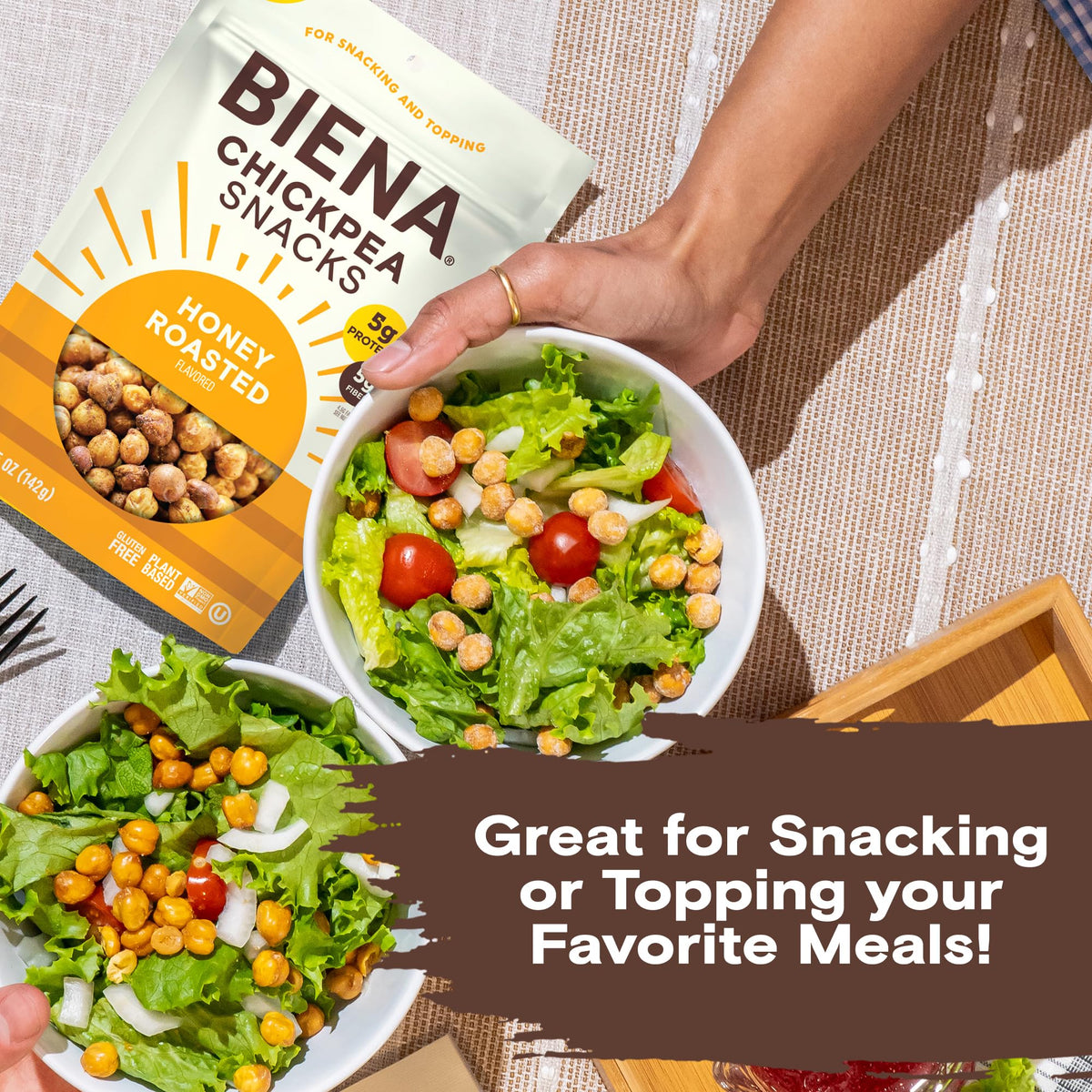 BIENA Chickpeas in glass bowl showcases bright, honey-glazed coating.