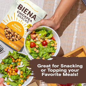 BIENA Chickpeas in glass bowl showcases bright, honey-glazed coating.