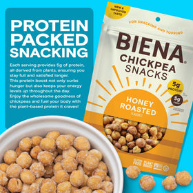 BIENA Honey Roasted Chickpeas packaging with USA-made label suggests quality and traceability.