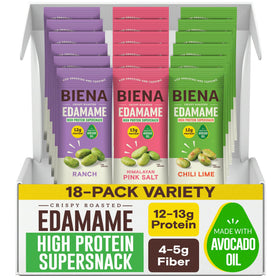 BIENA crispy edamame snack pack in hand, perfect for on-the-go protein.