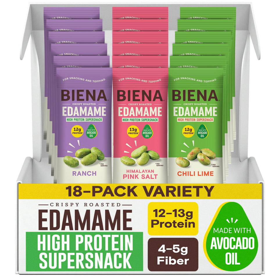 BIENA crispy edamame snack pack in hand, perfect for on-the-go protein.