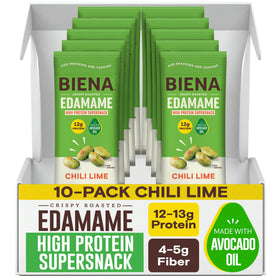 BIENA Crispy Roasted Edamame Chili Lime bag for on-the-go protein boost