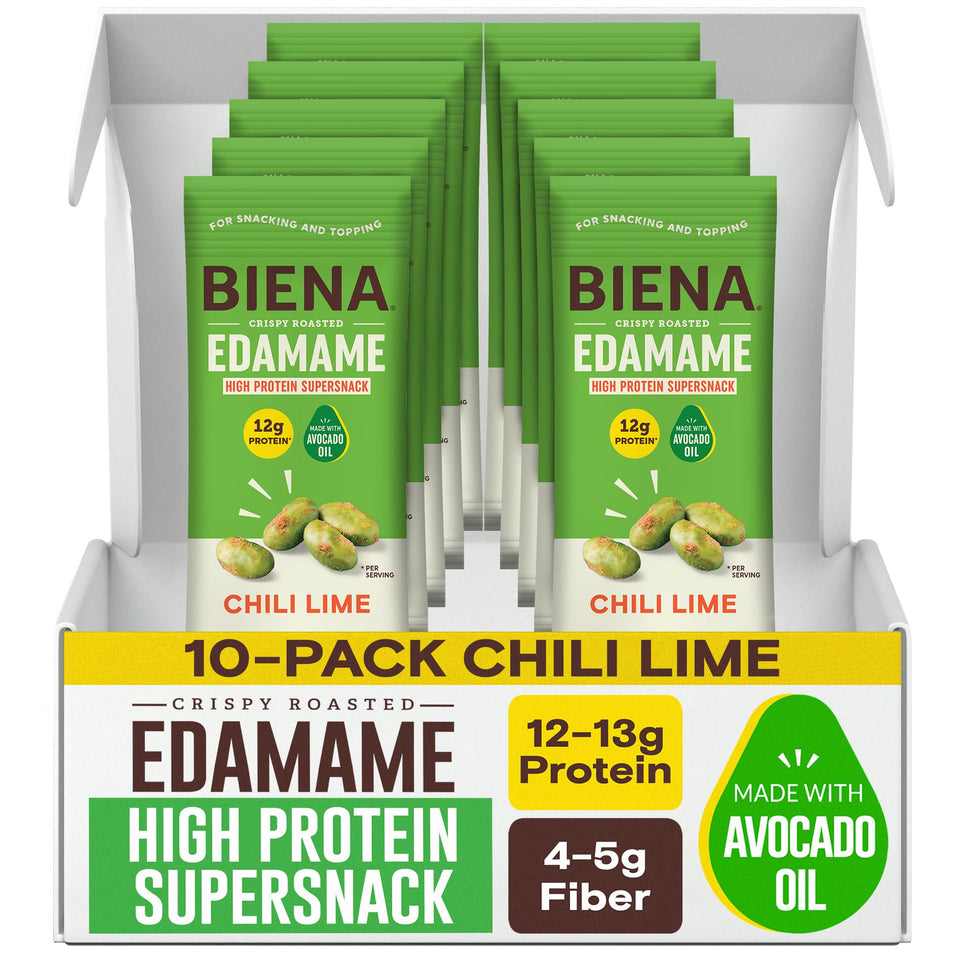 BIENA Crispy Roasted Edamame Chili Lime bag for on-the-go protein boost