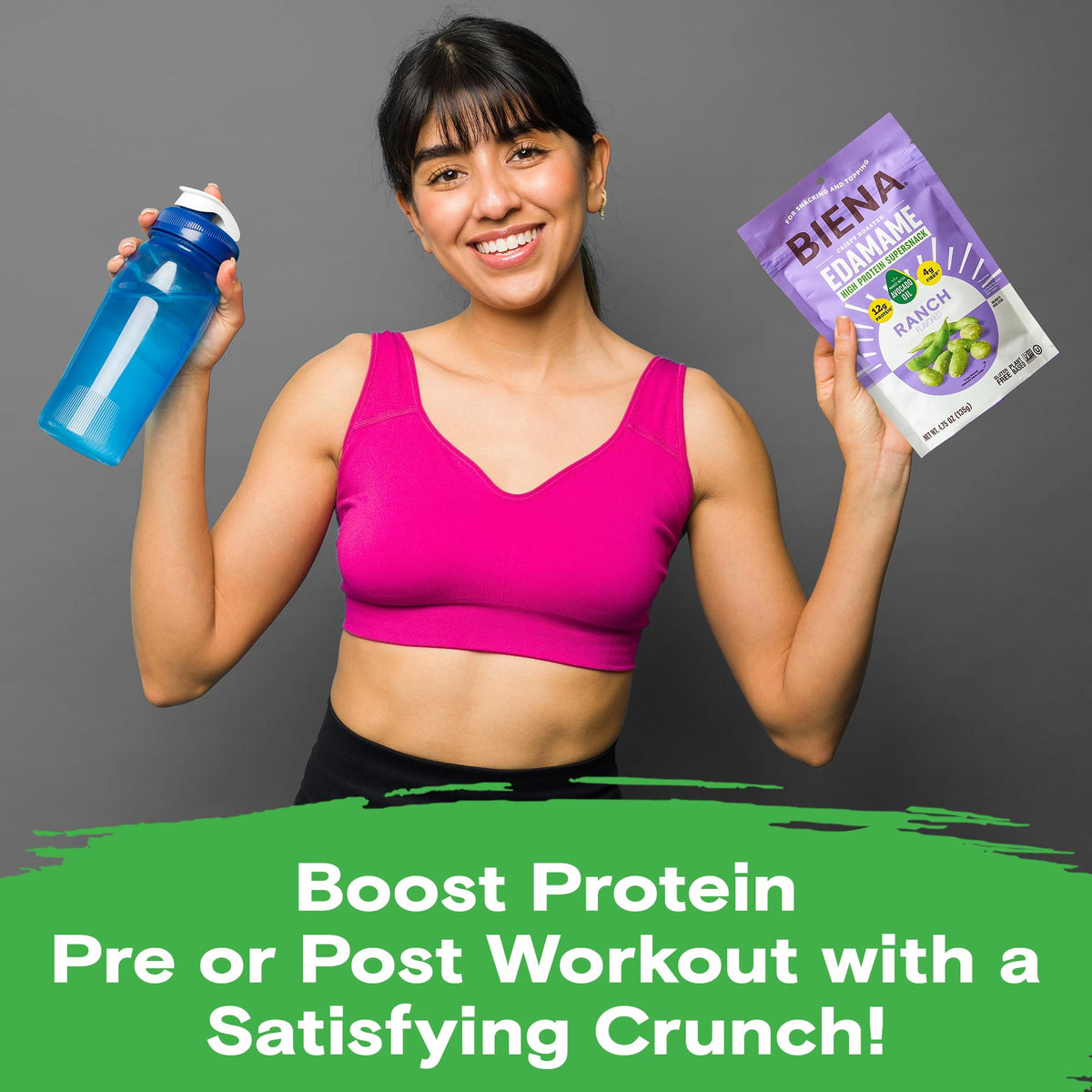 BIENA 3-pack edamame snack beside your workstation, grab-and-go protein.