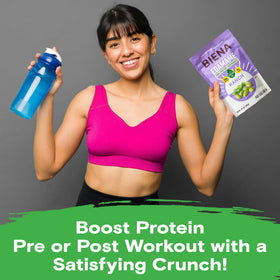 BIENA 3-pack edamame snack beside your workstation, grab-and-go protein.