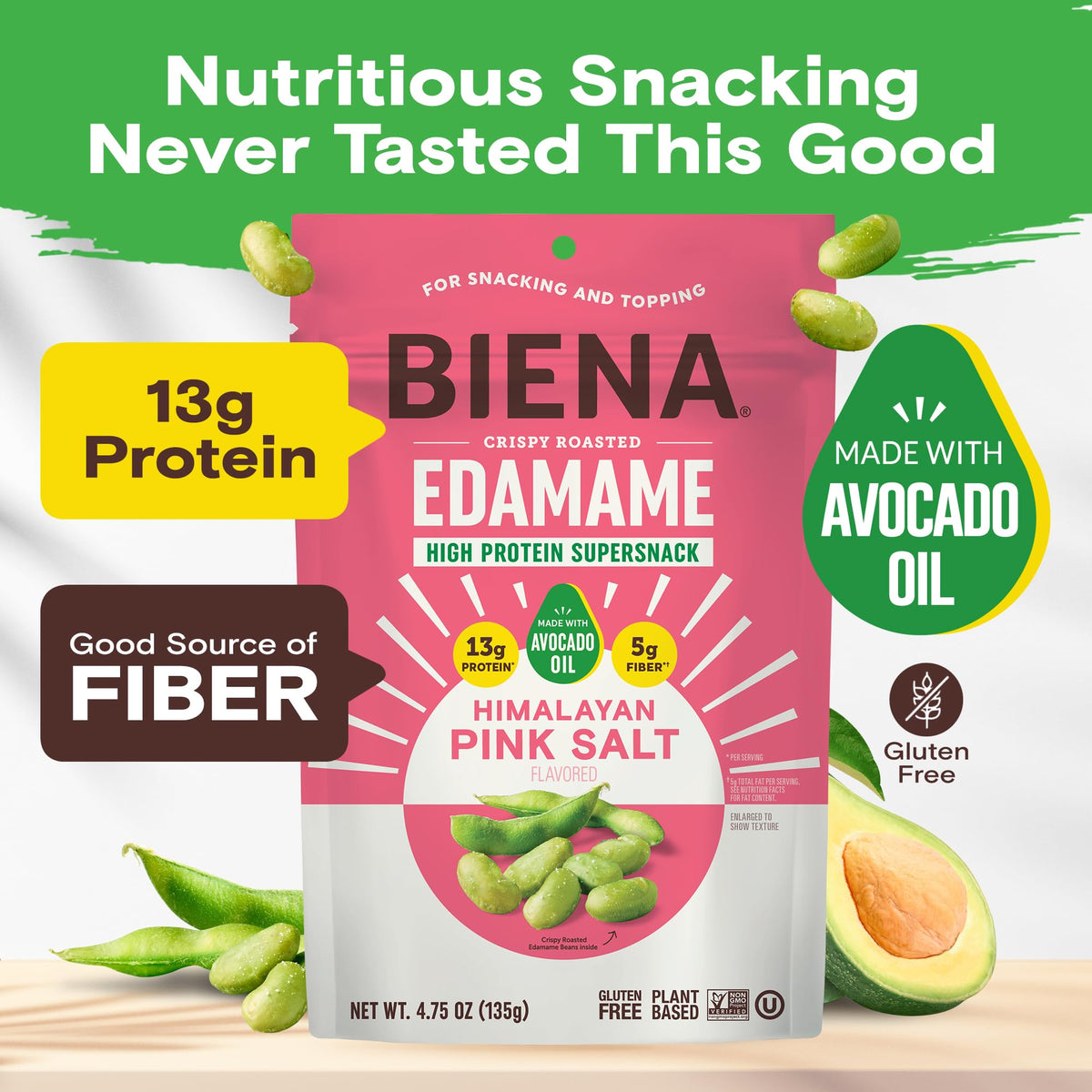BIENA edamame snack avocado oil coating highlighting flavorful, heart-healthy fats