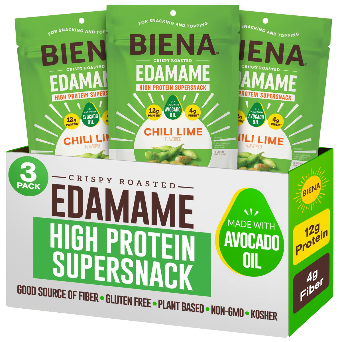 Biena Chili Lime Edamame bag showing crunchy protein snack for on-the-go energy.