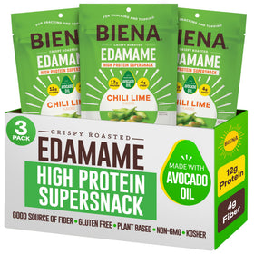 Biena Chili Lime Edamame bag showing crunchy protein snack for on-the-go energy.