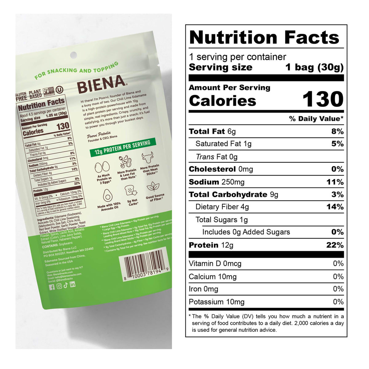 Close-up of Biena Chili Lime Edamame beans highlighting crispy texture and healthful fats.