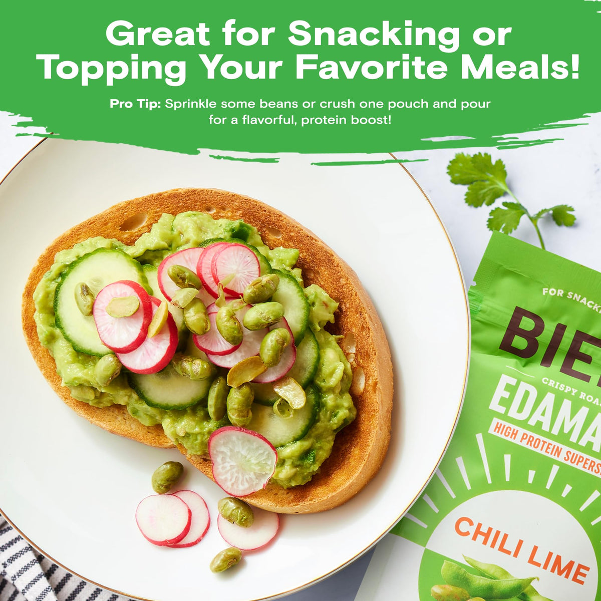 Nutrition label of Biena Chili Lime Edamame highlights 12g protein per serving.