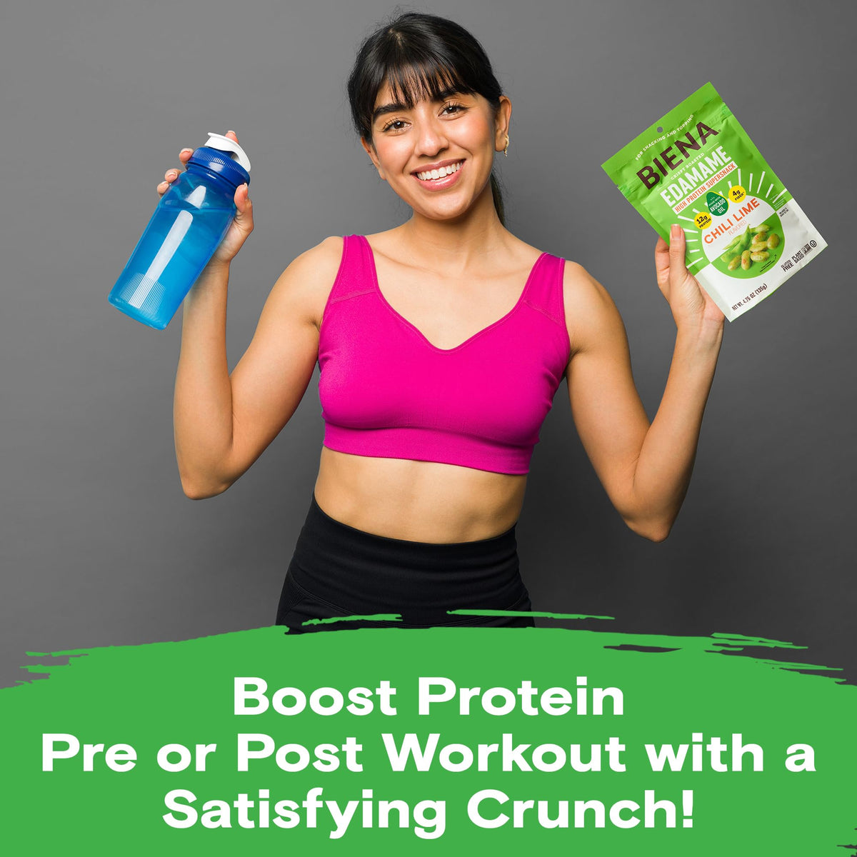 Biena Chili Lime Edamame in a bag perfect for travel or gym sessions.