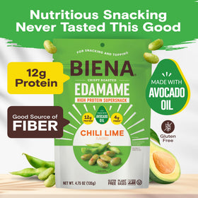 Display of Biena Chili Lime 3-pack emphasizing convenient vegan gluten-free snacking.