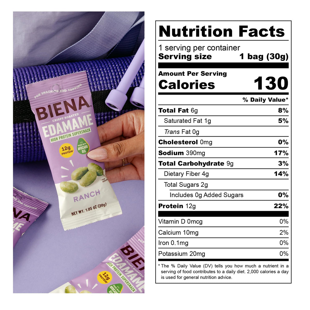 Biena edamame snack crispy bites highlight crunchy texture and ranch taste.