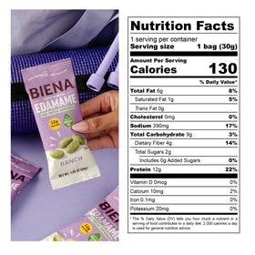 Biena edamame snack crispy bites highlight crunchy texture and ranch taste.