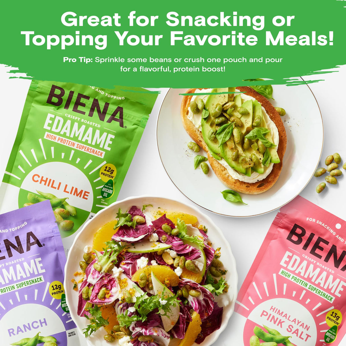 BIENA edamame gluten-free vegan label on packaging.