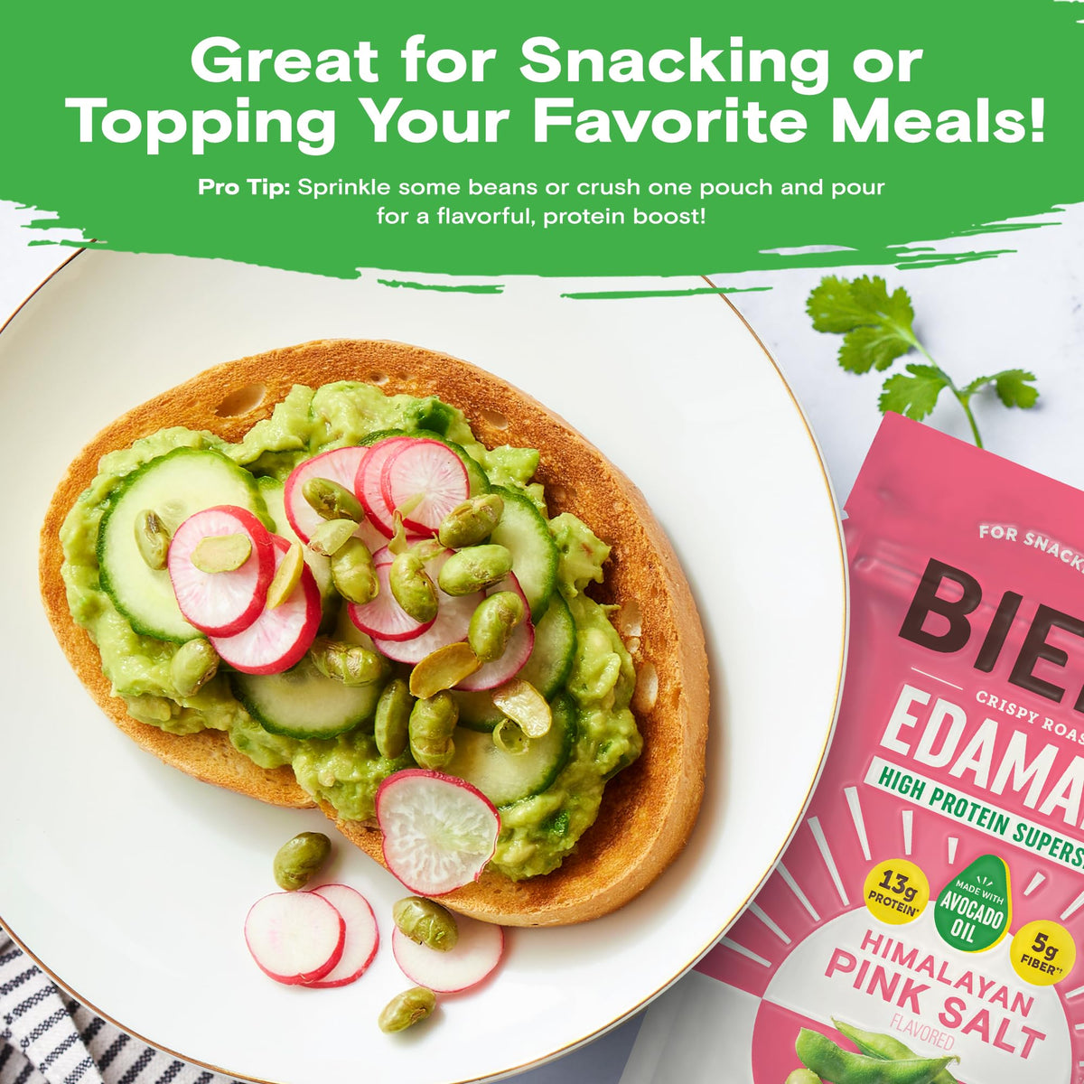 BIENA edamame snack gluten-free vegan badge on pack emphasizes dietary flexibility