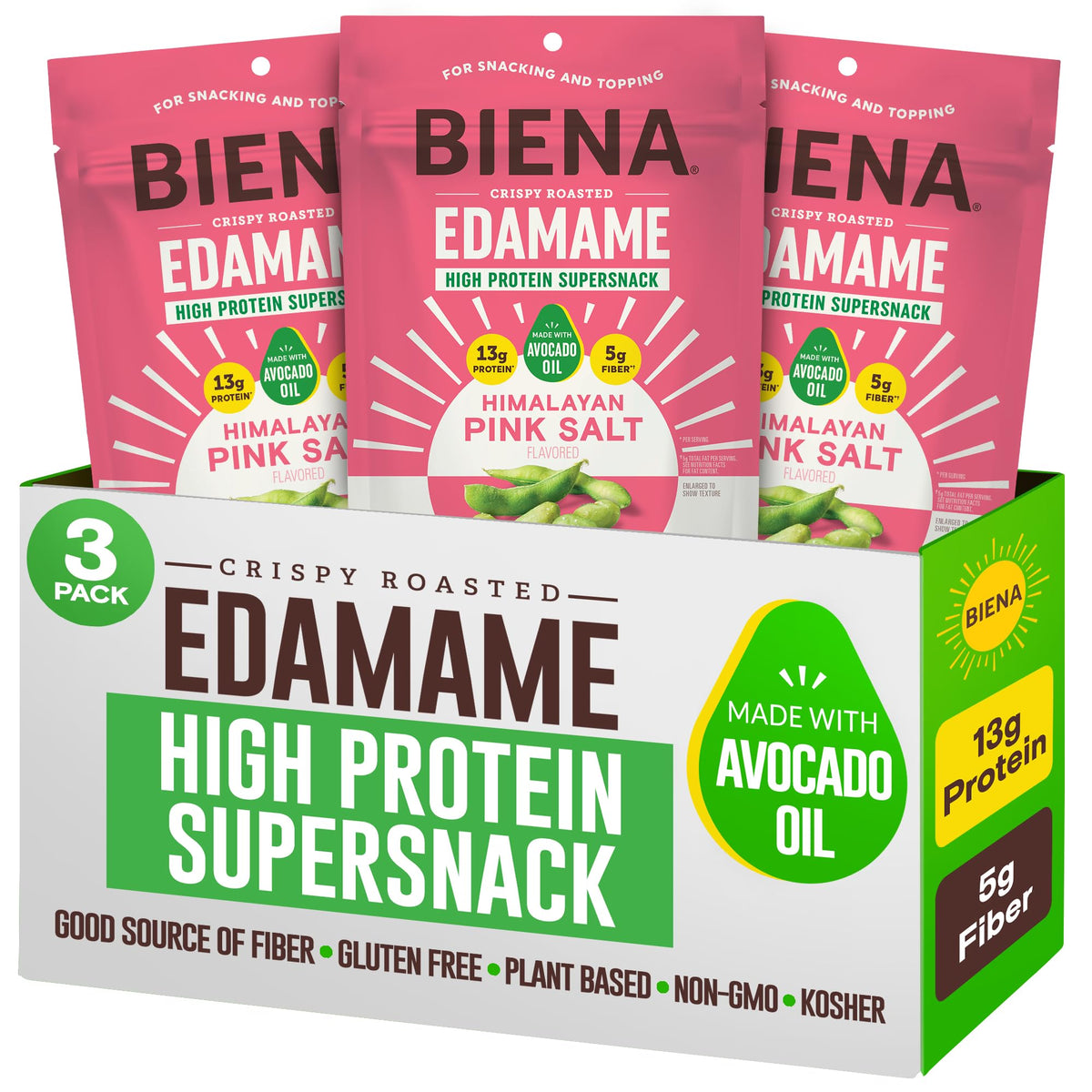 BIENA edamame snack Himalayan Pink Salt bag showing savory crunch and protein