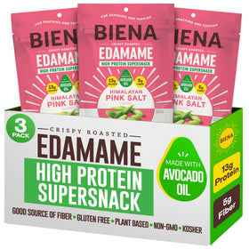 BIENA edamame snack Himalayan Pink Salt bag showing savory crunch and protein
