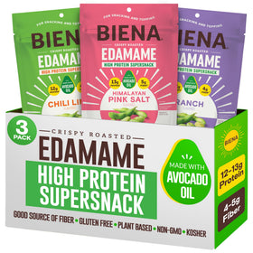 BIENA edamame snack packaging displayed for quick grab-and-go protein.