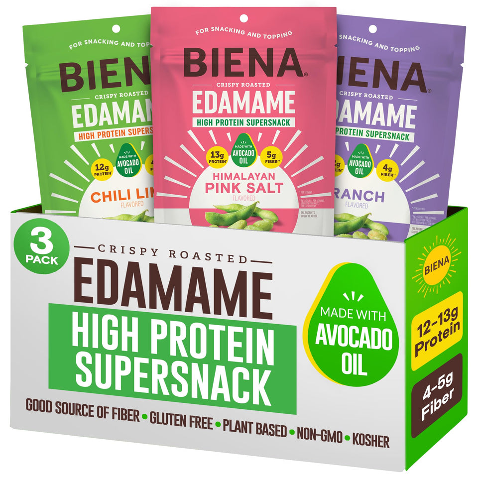 BIENA edamame snack packaging displayed for quick grab-and-go protein.