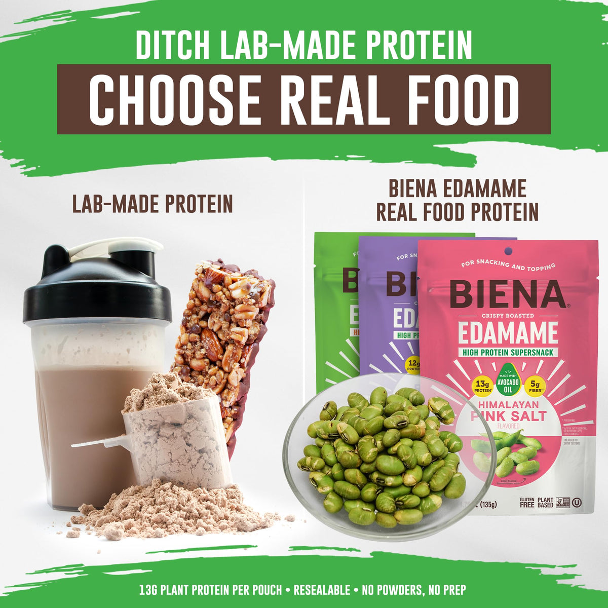BIENA edamame protein per serving highlighted for a satisfying snack.
