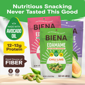 BIENA edamame three flavors lineup highlights Himalayan Pink Salt, Chili Lime, Ranch.