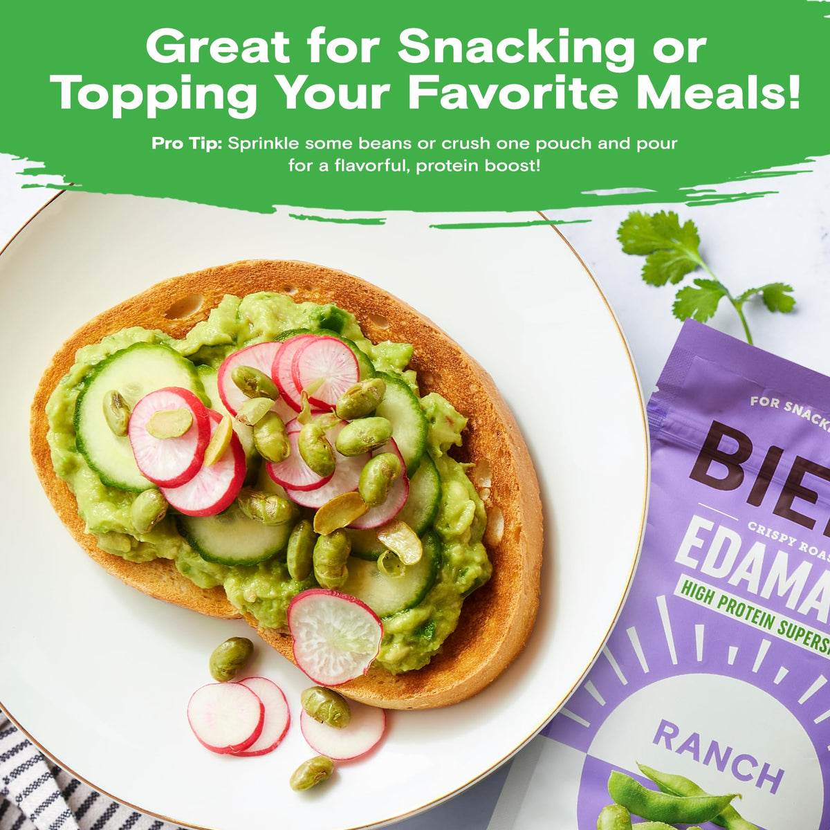 BIENA vegan gluten-free edamame snack, plant-based protein option.