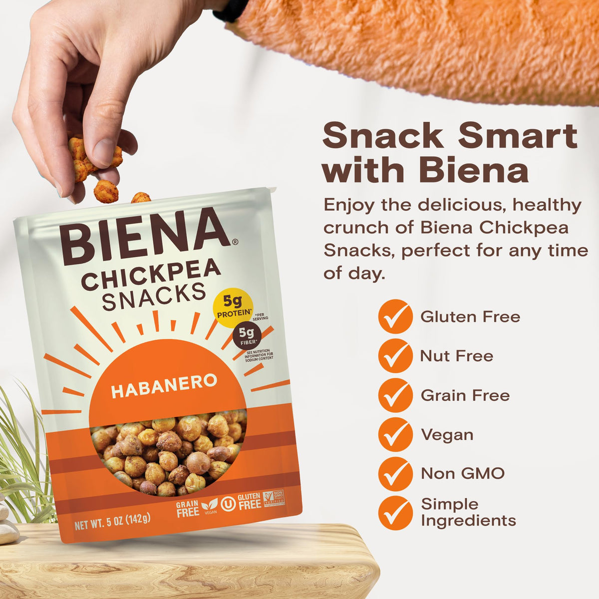 BIENA Habanero chickpeas in bowl featuring bold flavor and lemon hint.