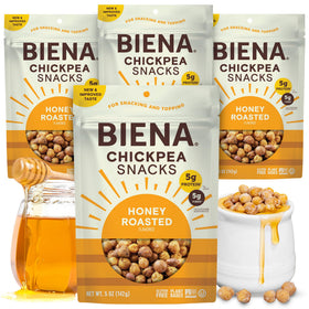 BIENA Honey Roasted Chickpeas bag closeup shows a crunchy, protein-packed snack for busy days.