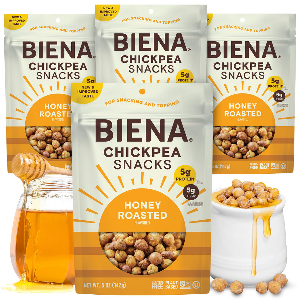 BIENA Honey Roasted Chickpeas bag closeup shows a crunchy, protein-packed snack for busy days.