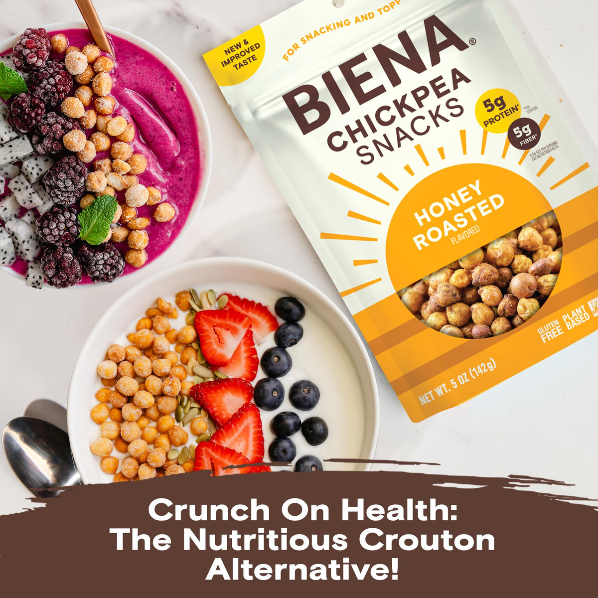 BIENA Honey Roasted Chickpeas ingredients label highlights simple, real ingredients.