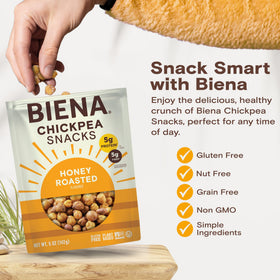 BIENA Honey Roasted Chickpeas serving on salad topping visualize a versatile nutritious boost.