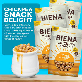 BIENA Honey Roasted Chickpeas snack pack highlights convenient, resealable packaging for on-the-go snacking.