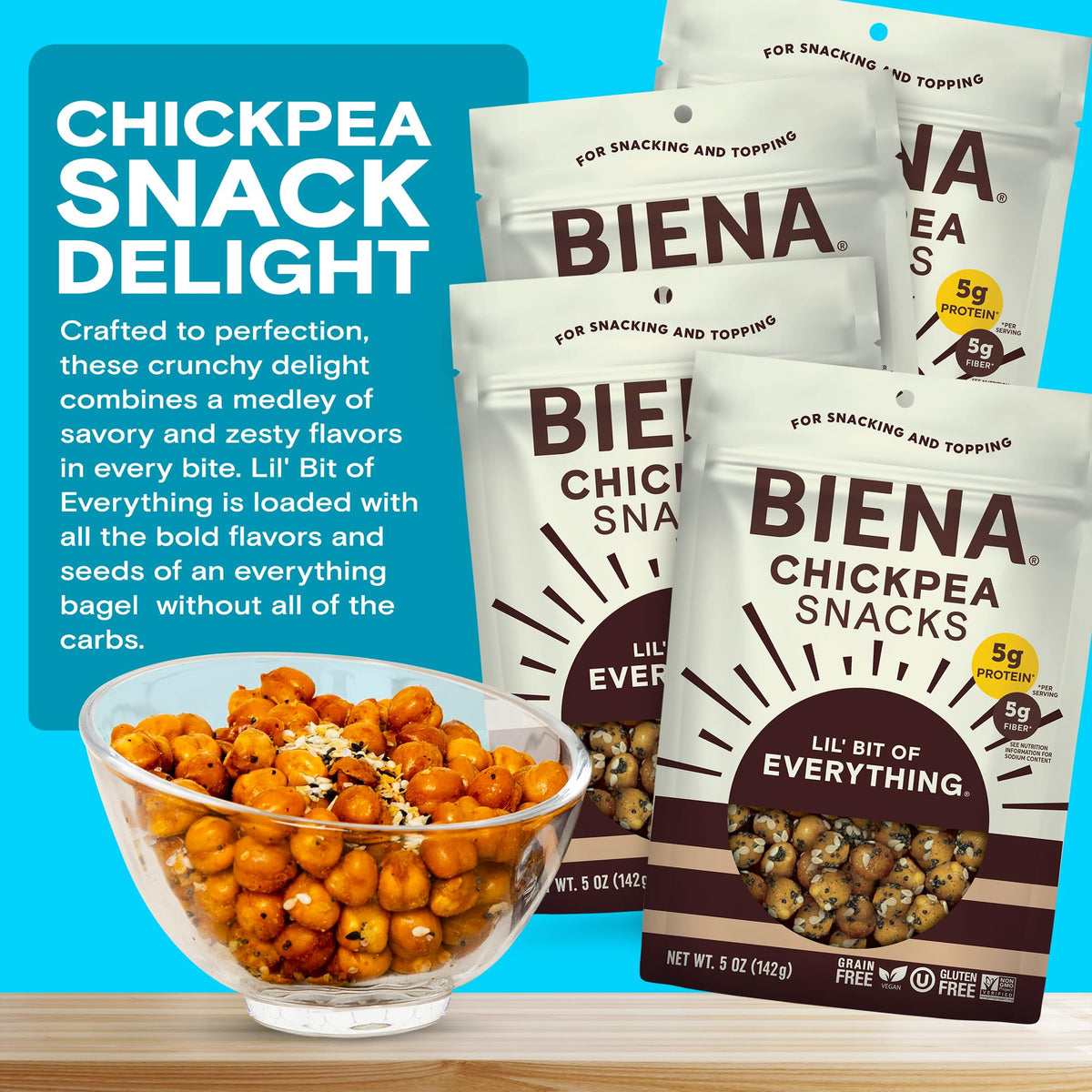 Nutrition panel on box highlights 5 g protein and 6 g fiber.