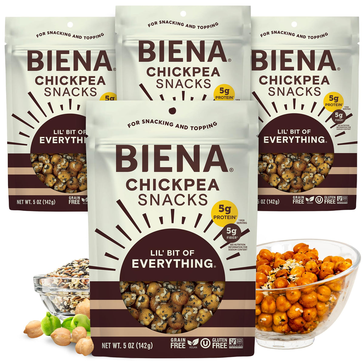 Biena Lil' Bit of Everything packaging front, a protein-packed crunchy chickpea snack.