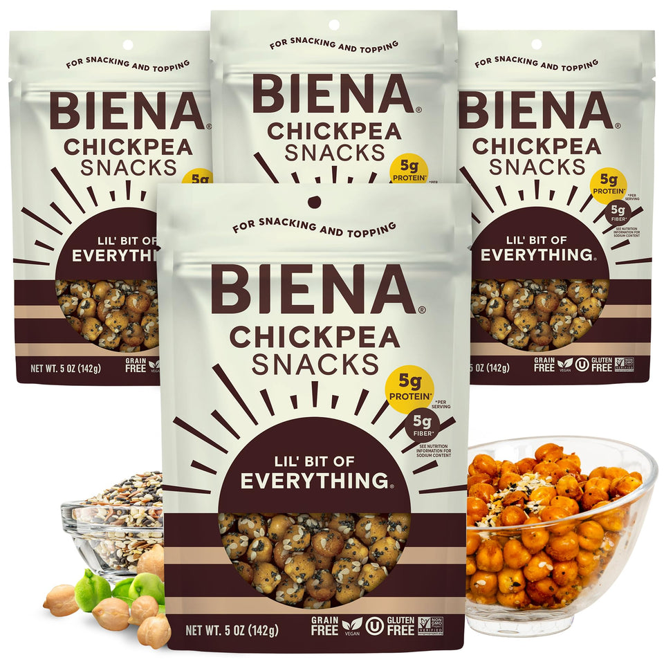 Biena Lil' Bit of Everything packaging front, a protein-packed crunchy chickpea snack.