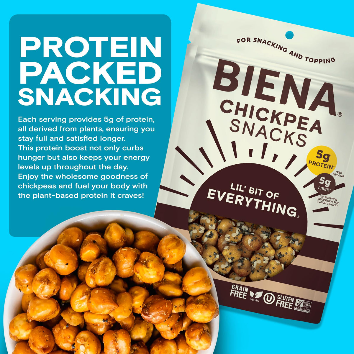 Biena Lil' Bit of Everything chickpeas out of bag for convenient protein and fiber snack.