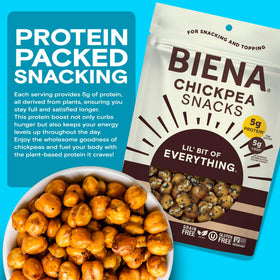 Biena Lil' Bit of Everything chickpeas out of bag for convenient protein and fiber snack.