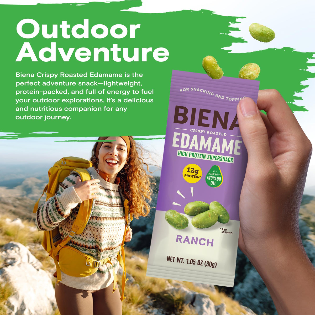 Biena on-the-go edamame snack is ideal for travel and lunch breaks.