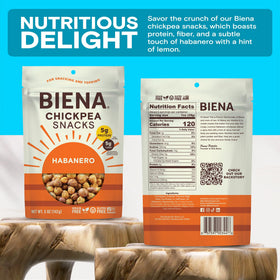 BIENA Plant-based protein snack with 5 g per serving in a pantry.
