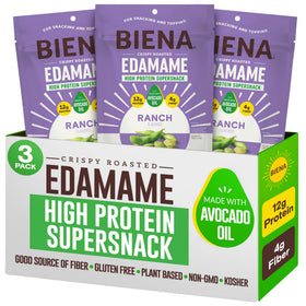 BIENA Ranch edamame snack close-up, crispy beans with bold ranch flavor for on-the-go energy.