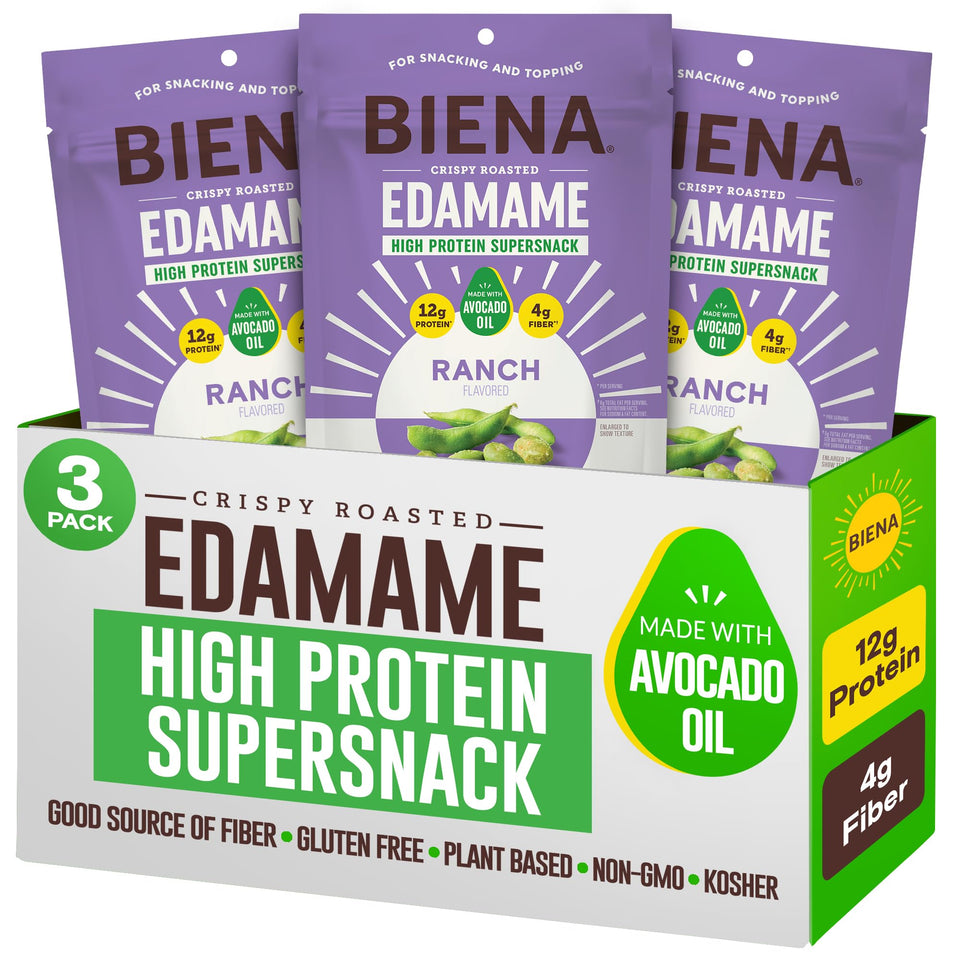 BIENA Ranch edamame snack close-up, crispy beans with bold ranch flavor for on-the-go energy.