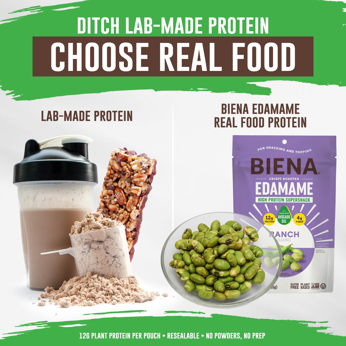 BIENA Ranch edamame snack, crisp texture ideal for salads.