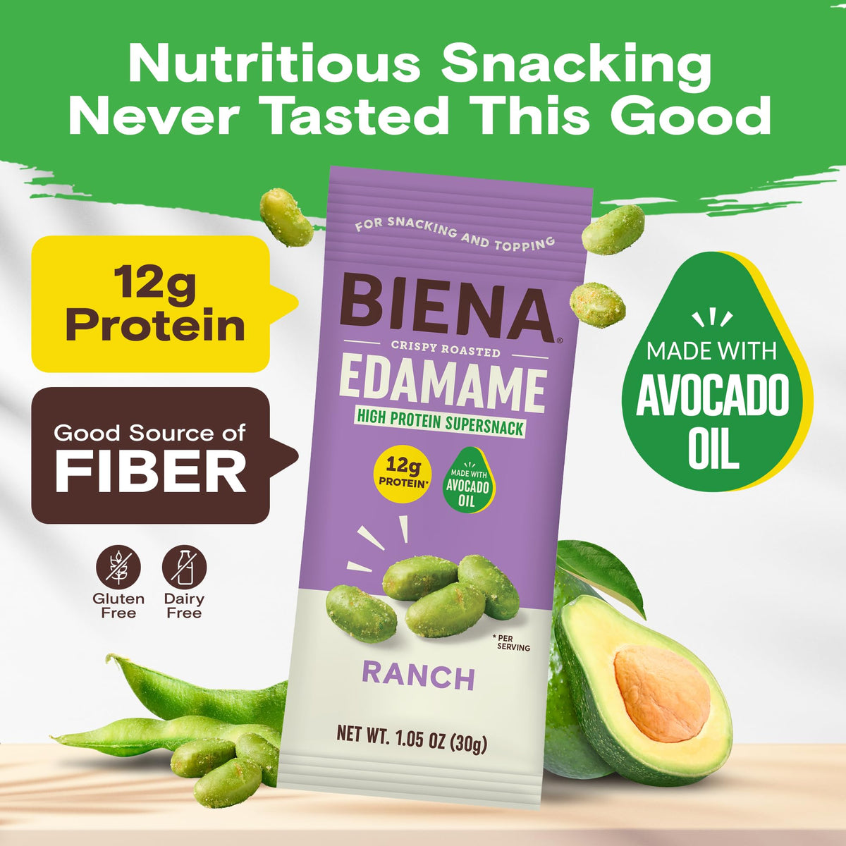 Biena ranch edamame snack packaging emphasizes convenient single-serve portions.